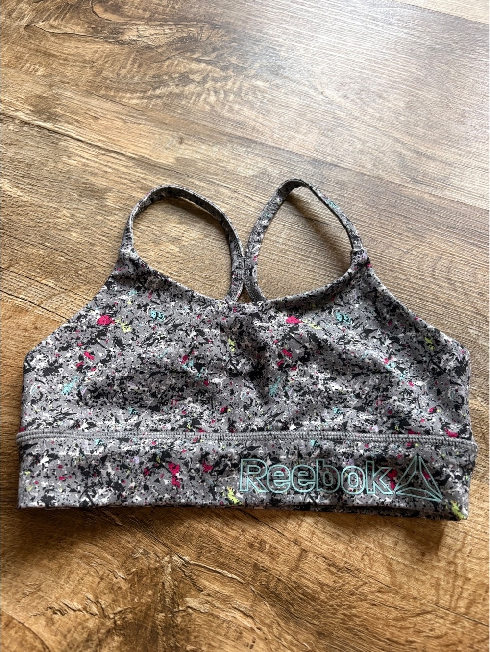 Youth Reebok Medium Sports Bra Gray with Multicolor Splatter Pattern